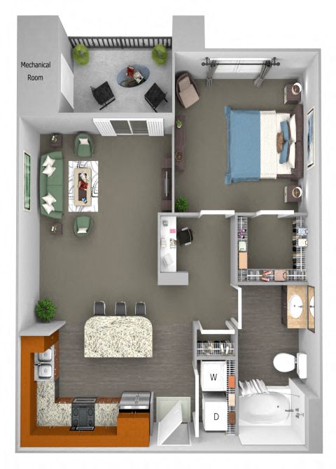 Floor plan for 1 bed, 1 bath, 692 sqft